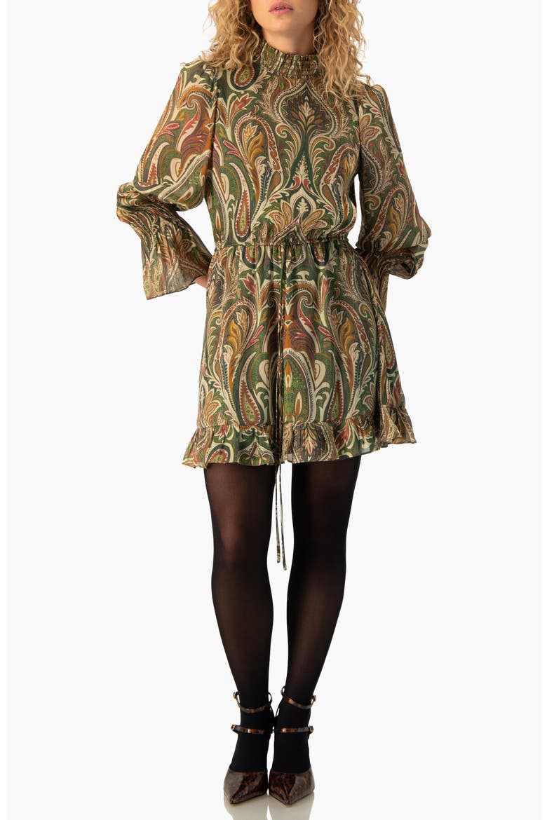 Paisley Print Smocked Mock-Neck Puff-Sleeve Mini Dress, Alternate, color, Olive Green
