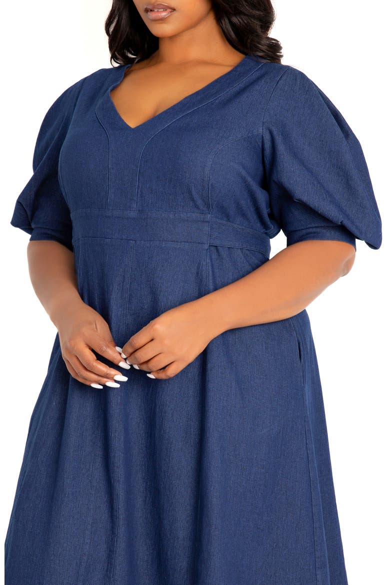 Puff Sleeve Denim Midi Dress, Alternate, color, DENIM BLUE