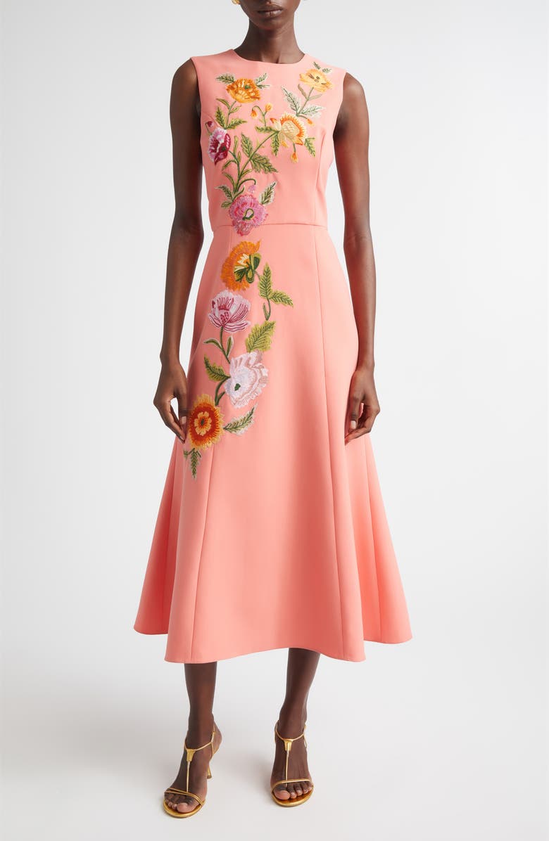 Carolina Herrera Poppy Embroidered Stretch Crepe Fit & Flare Dress, Main, color, Sunset Multi