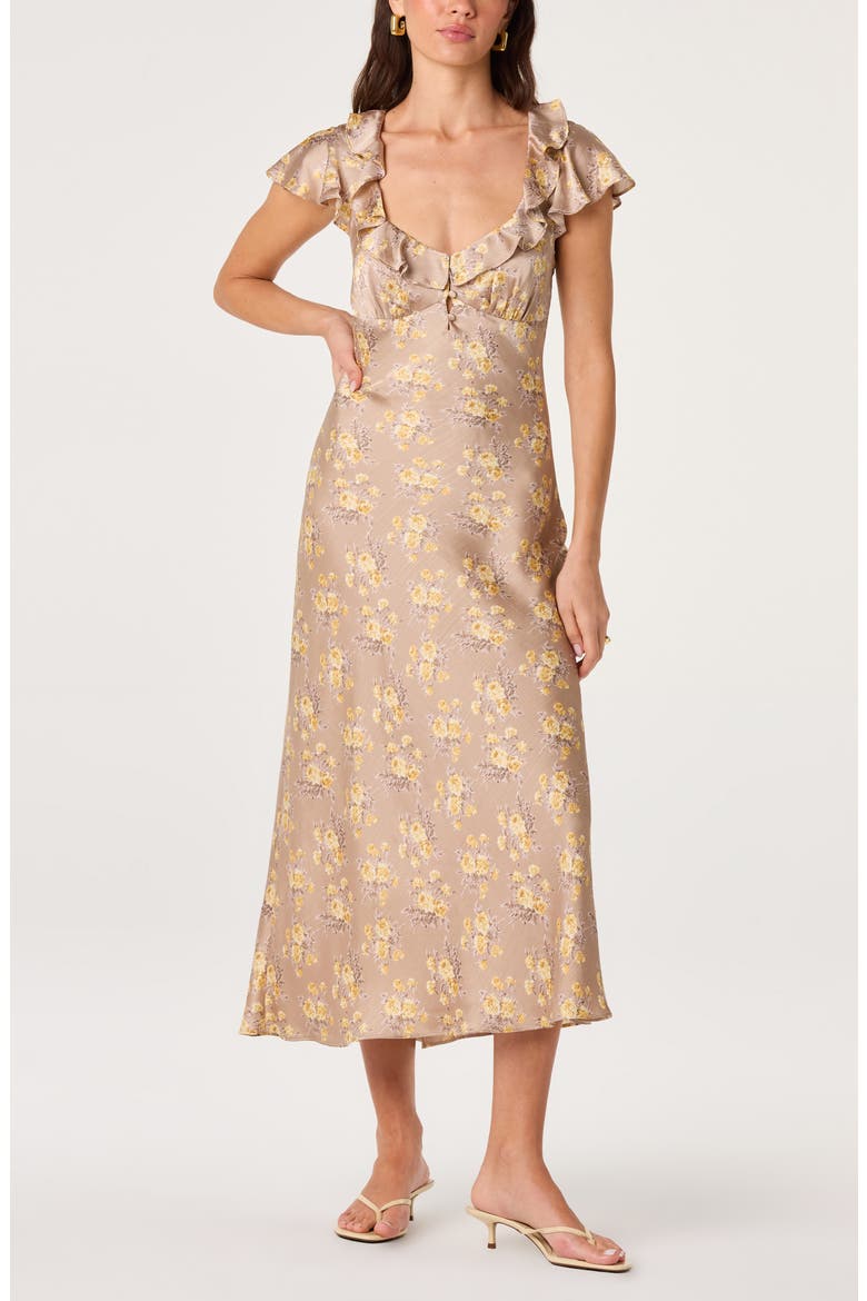 Nico Floral Ruffle Cap Sleeve Midi Dress, Alternate, color, TAUPE YELLOW FLORAL