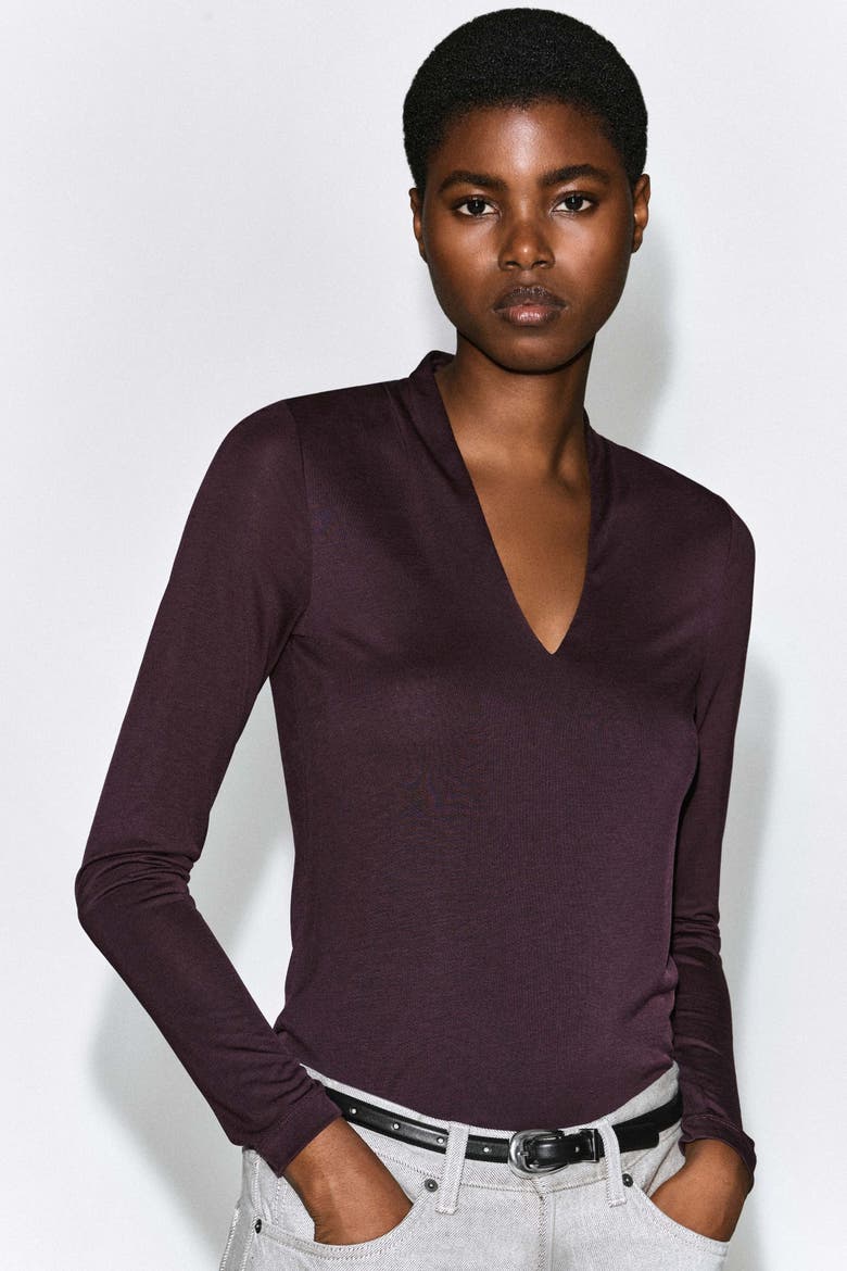 Draped Jersey V-neck Top, Alternate, color, BURGUNDY