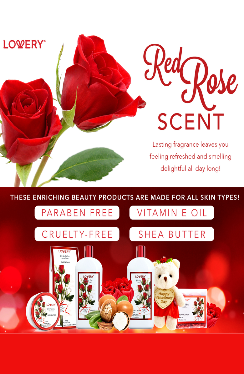 Lovery Valentine's Day Red Rose Home Bath Gift Set - 10Pc Relaxation Kit, Alternate, color, Red