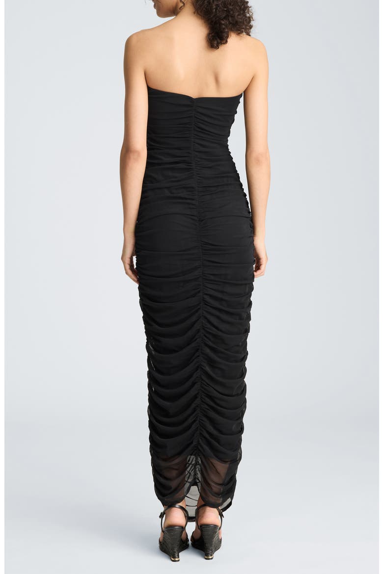 Strapless Ruched Midi Dress, Alternate, color, BLACK