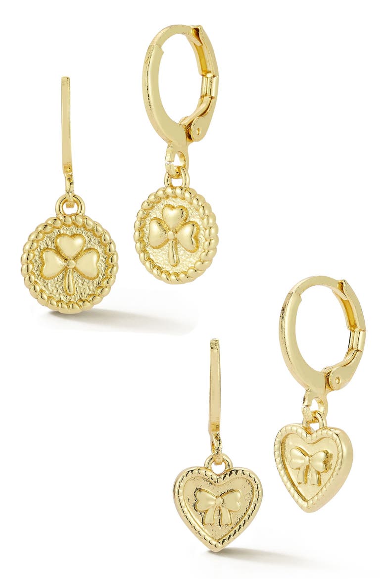 Set of 2 Clover & Bow Drop Huggie Hoop Earrings, Main, color, GOLD