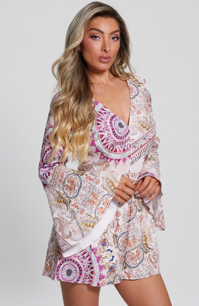 GUESS Kali Paisley Cutout Long Sleeve Linen Romper, Alternate, color, 