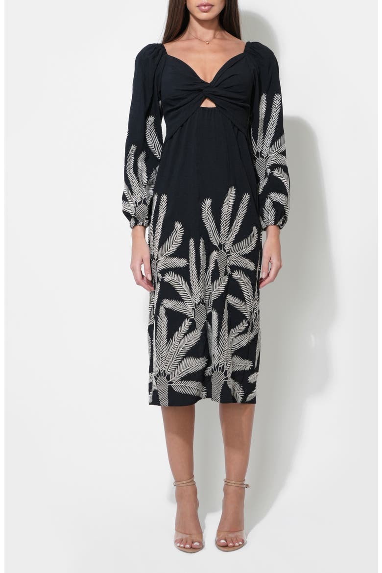 Jia Long Sleeve Embroidered Midi Dress, Alternate, color, BLACK