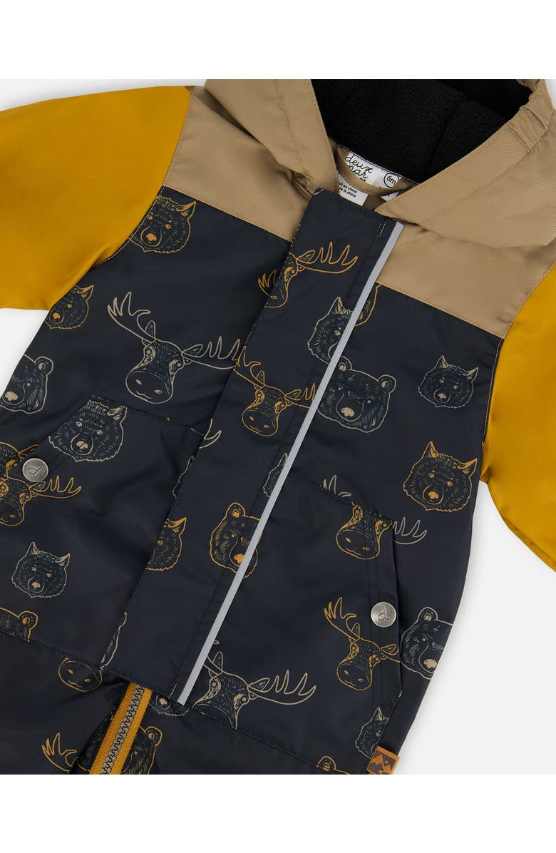 Deux par Deux Baby Boy's Baby Printed Mid-Season One-Piece Outerwear With Hat Beige Animals On Black Background, Alternate, color, 