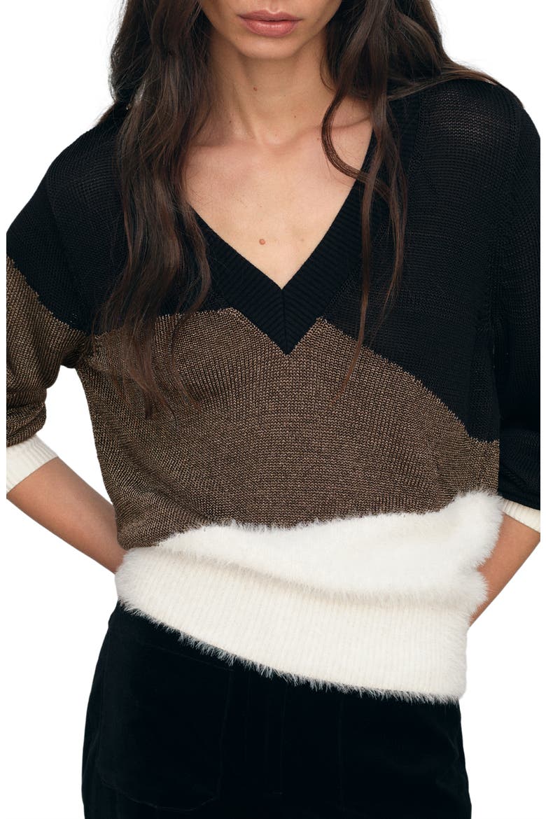 Harley Metallic Colorblock V Neck Sweater, Alternate, color, BLACK/ WHITE/ MET