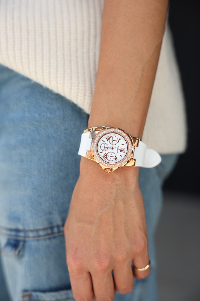 Summer Crystal Bezel Silicone Rubber Watch- 38MM, Alternate, color, White