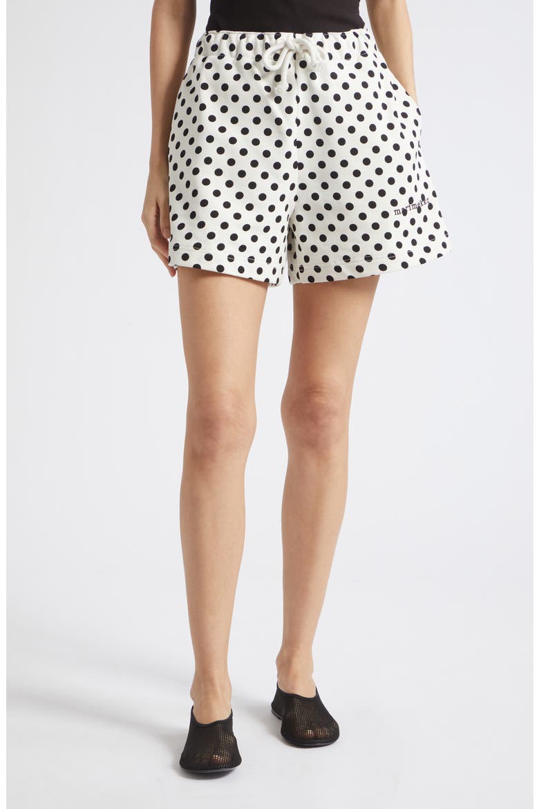 Miksaus Pallo Kioski Polka Dot Cotton Shorts, Main, color, OFF WHITE BLACK