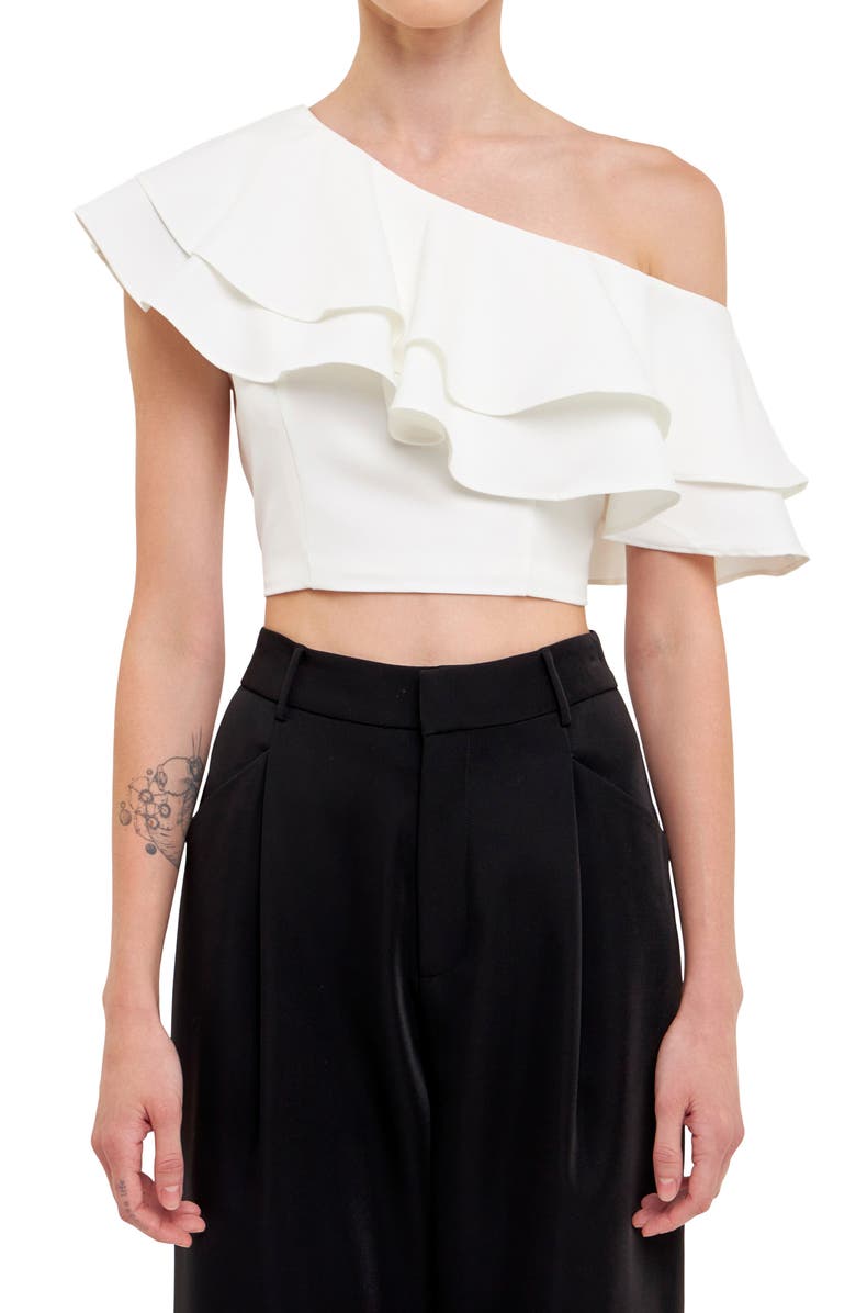 Endless Rose Ruffle One-Shoulder Crop Top, Alternate, color,