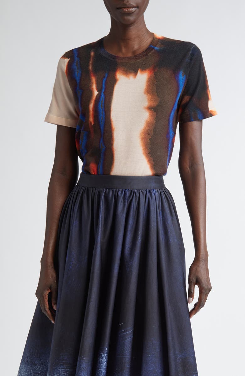 Jason Wu Collection Burned Stripe Short Sleeve Merino Wool Sweater, Main, color, Almond Multi