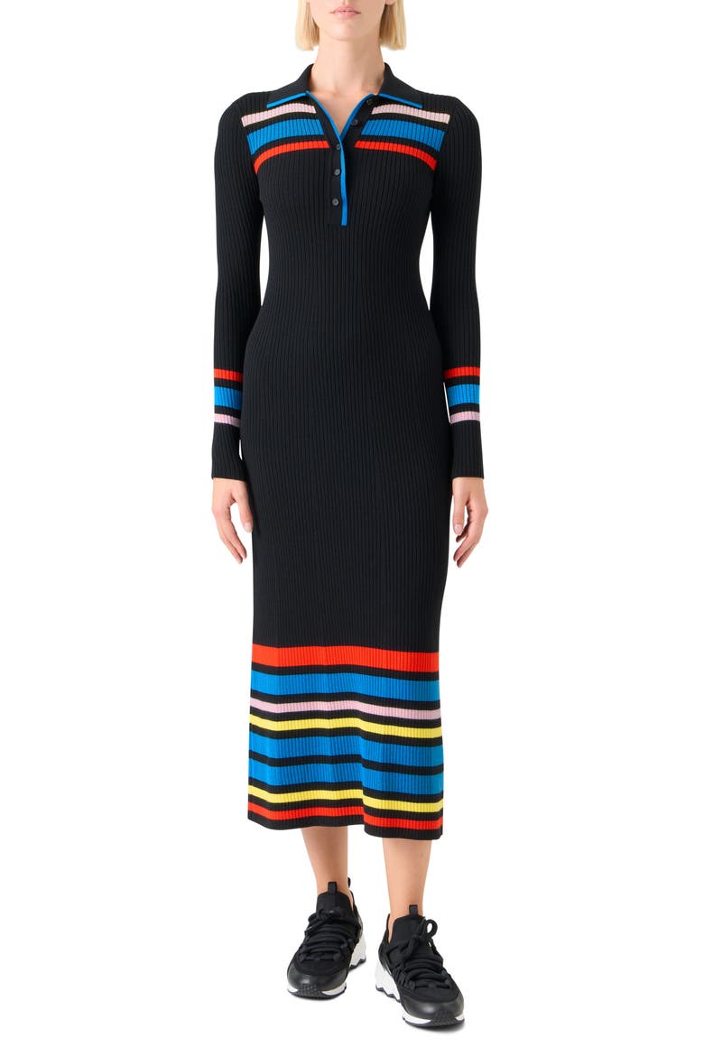 Stripe Rib Long Sleeve Virgin Wool Polo Sweater Dress, Main, color, BLACK-MULTICOLOR