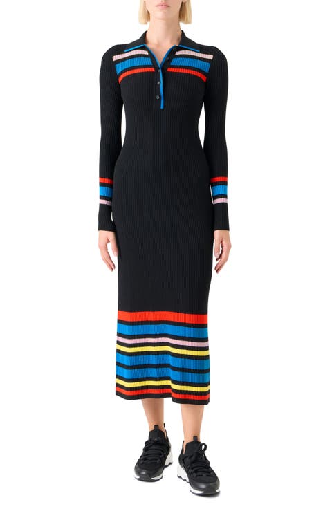 Stripe Rib Long Sleeve Virgin Wool Polo Sweater Dress