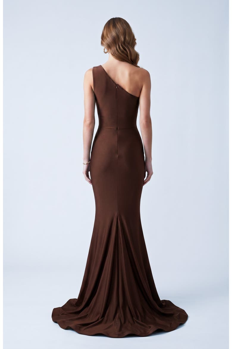 One Shoulder Ruched Mermaid Evening Gown, Alternate, color, Brown