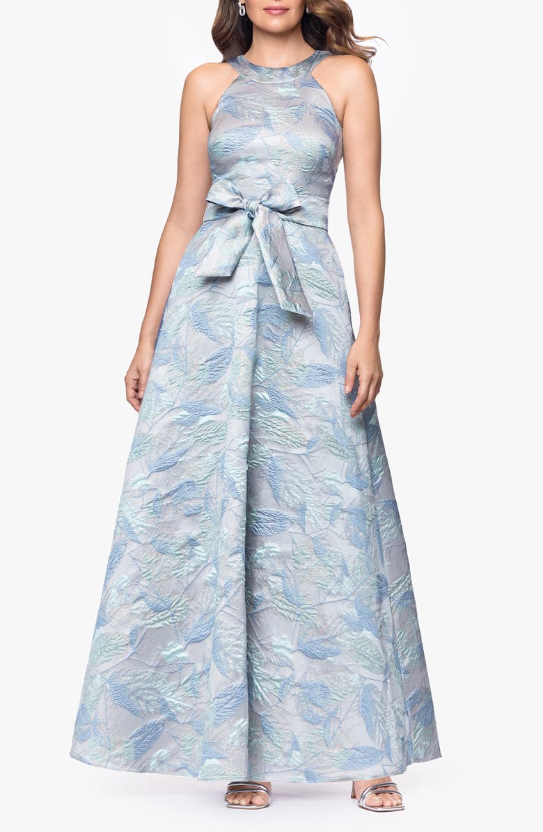 Betsy & Adam Bow Detail Leaf Brocade Ball Gown, Main, color, Sage/ Gold