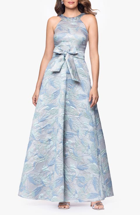 Bow Detail Leaf Brocade Ball Gown