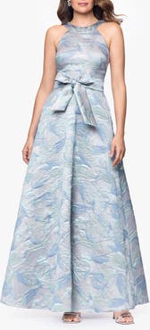Betsy & Adam Bow Detail Leaf Brocade Ball Gown