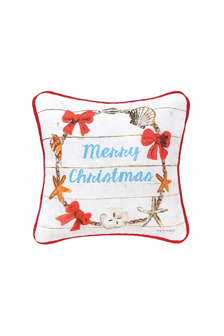 Merry Christmas Shell Wreath Printed & Woven Small/Petite Pillow, 8" x 8", Main, color, Blue
