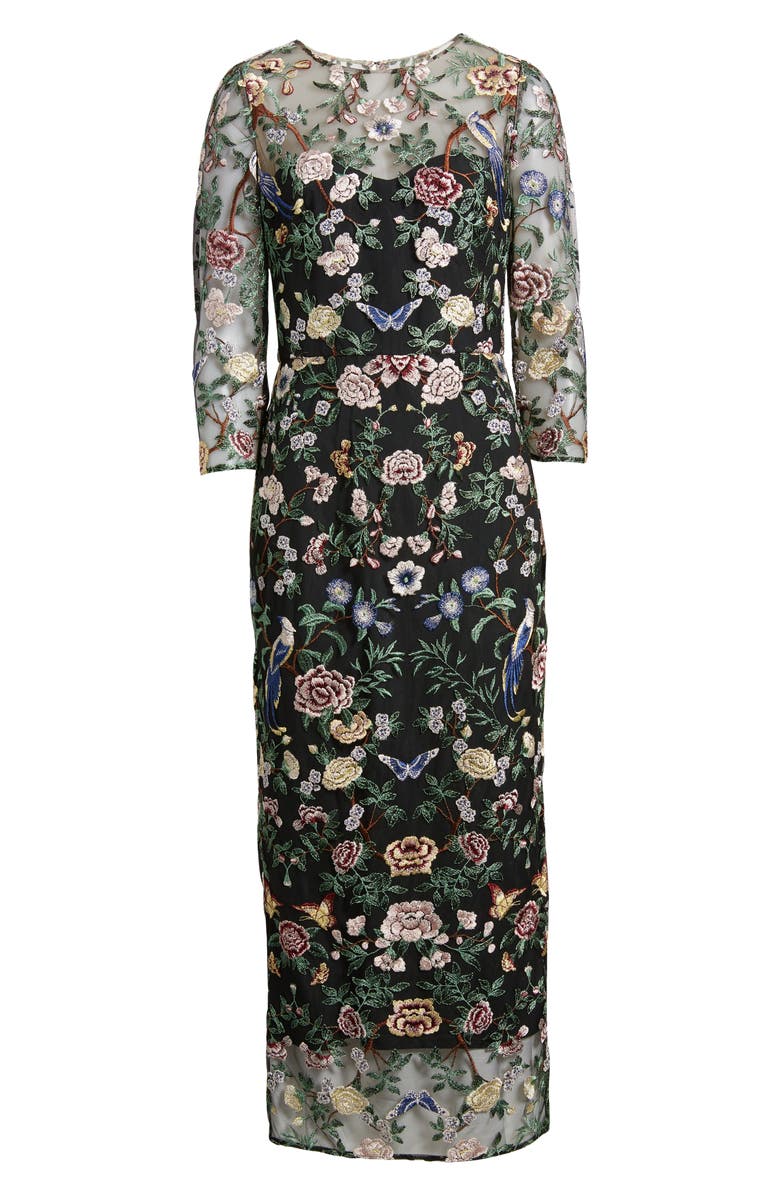 Marchesa Notte Floral Embroidered Sheath Dress, Alternate, color,
