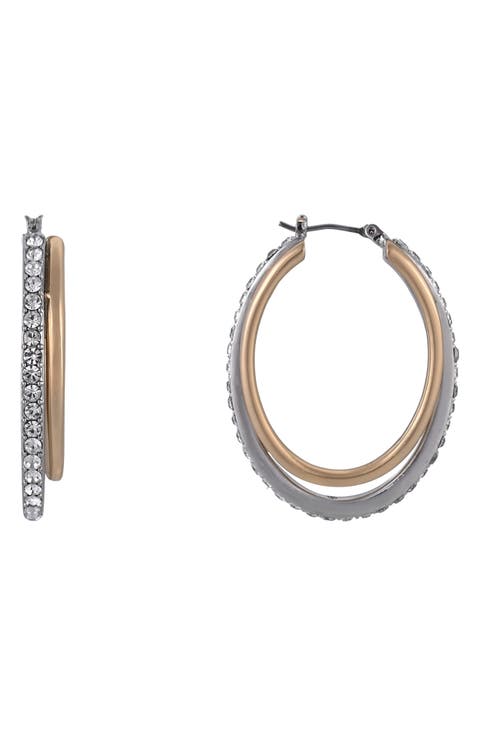 Mixed Metal Crystal Double Hoop Earrings