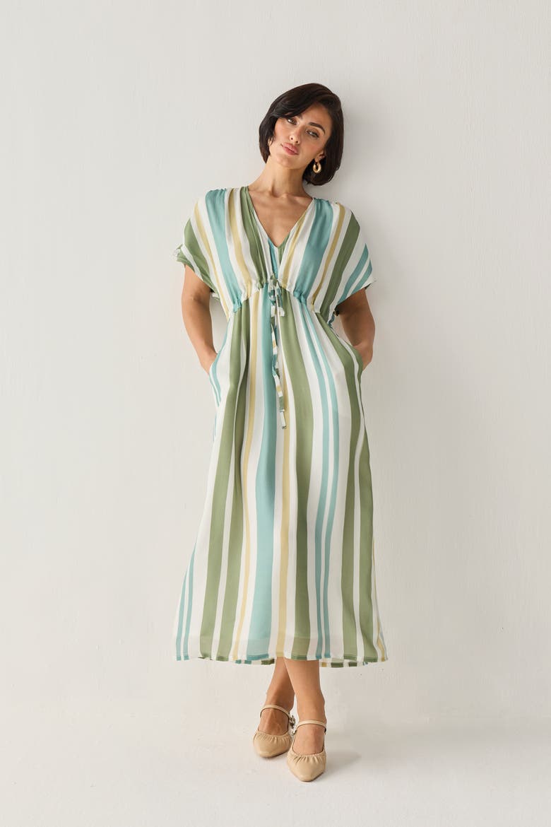 Gathered Striped Maxi Dress, Alternate, color, Sage & Sea Stripe