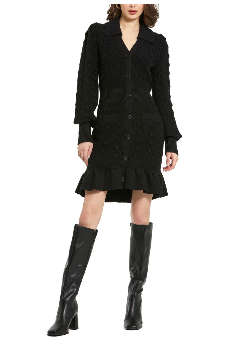 Mac Duggal Long Sleeve Bobble Knit Collared Button Up Dress, Main, color, Black