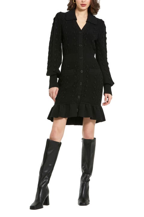Long Sleeve Bobble Knit Collared Button Up Dress