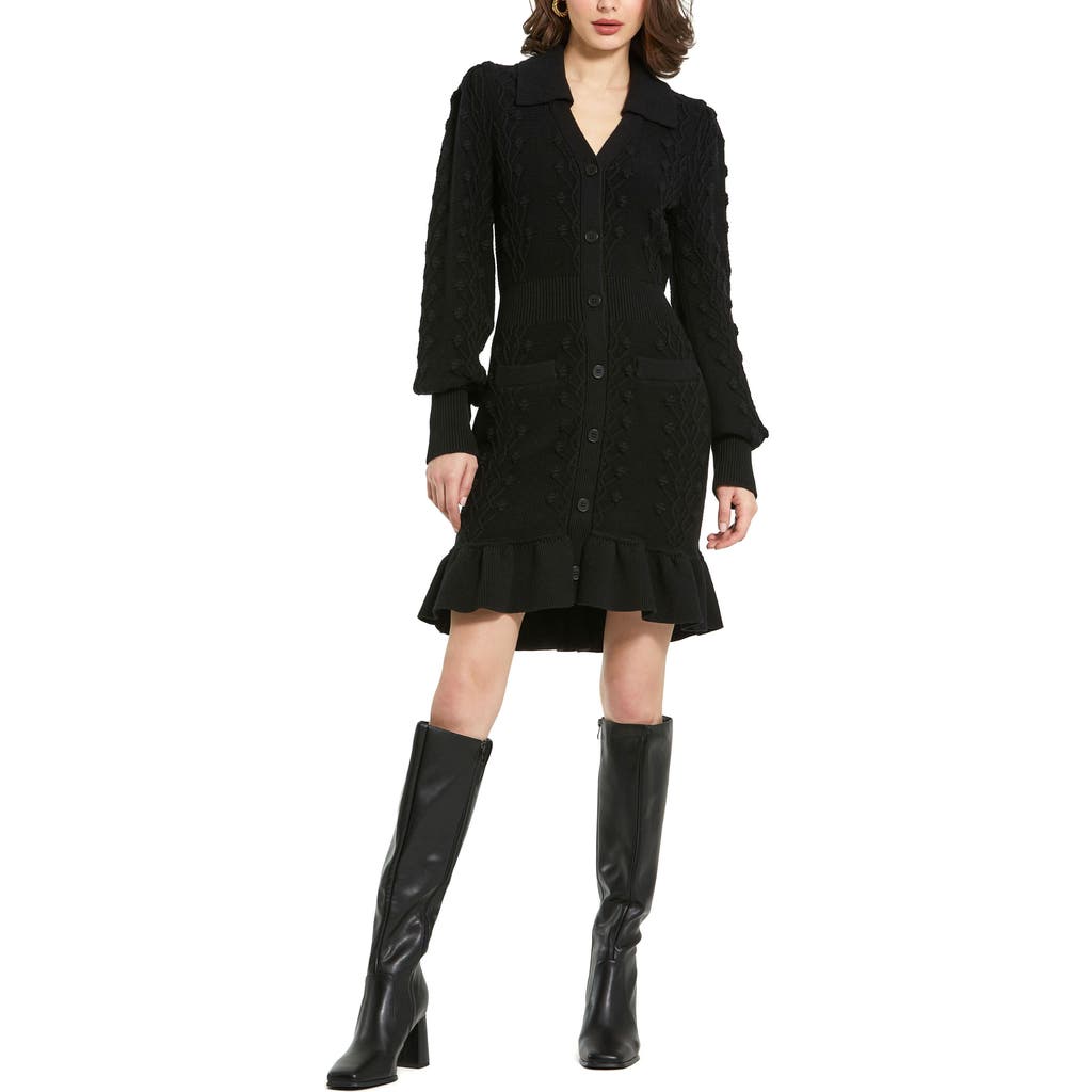 Mac Duggal Long Sleeve Bobble Knit Collared Button Up Dress In Black