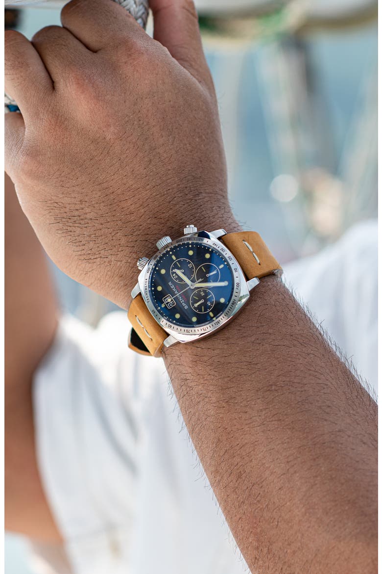 Hull Chronograph Leather Strap Watch, 42mm, Alternate, color, BLACK BLUE DIAL