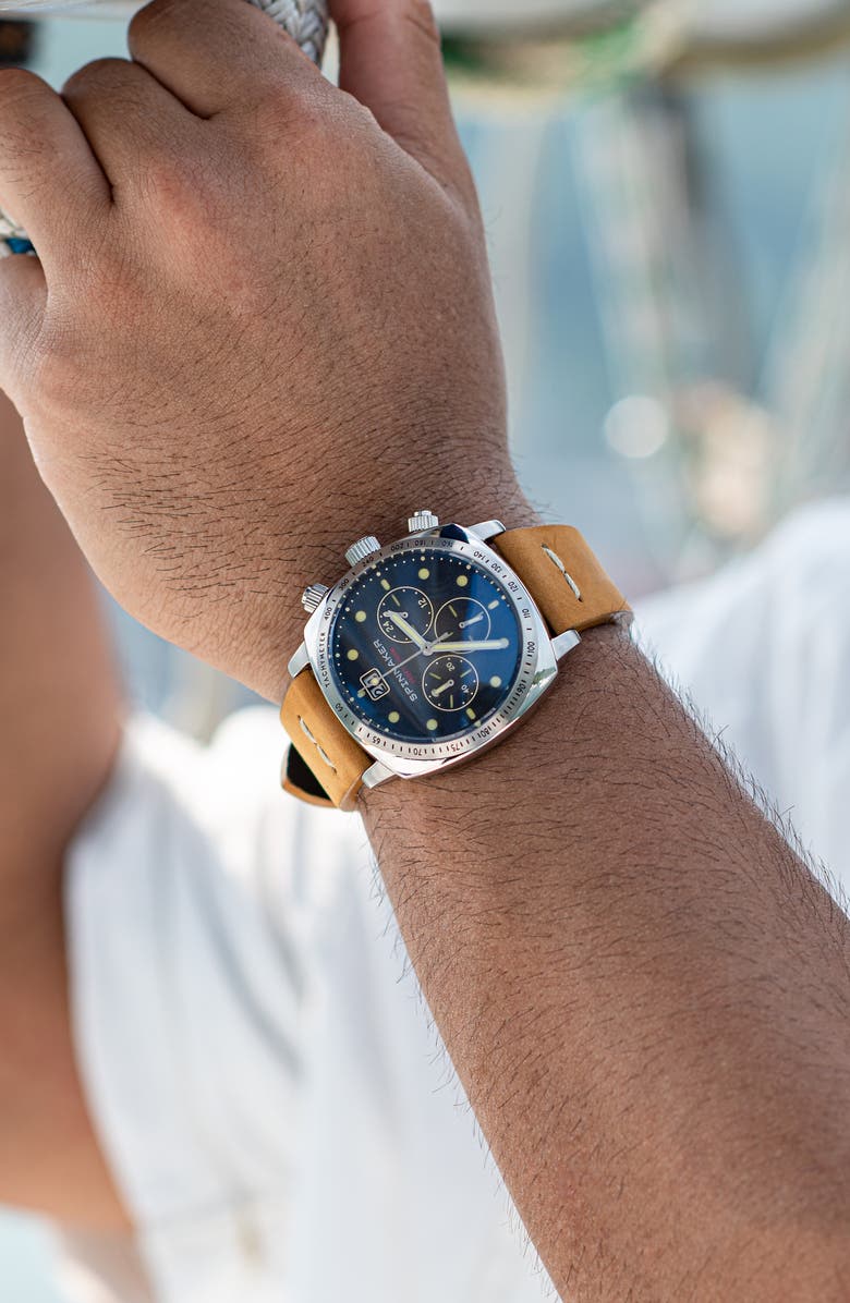 SPINNAKER Hull Chronograph Leather Strap Watch, 42mm, Alternate, color, Black Blue Dial