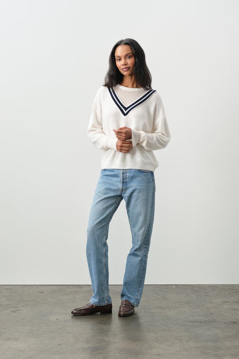 Diana Modern Tennis Sweater, Alternate, color, ECRU/CLUB NAVY