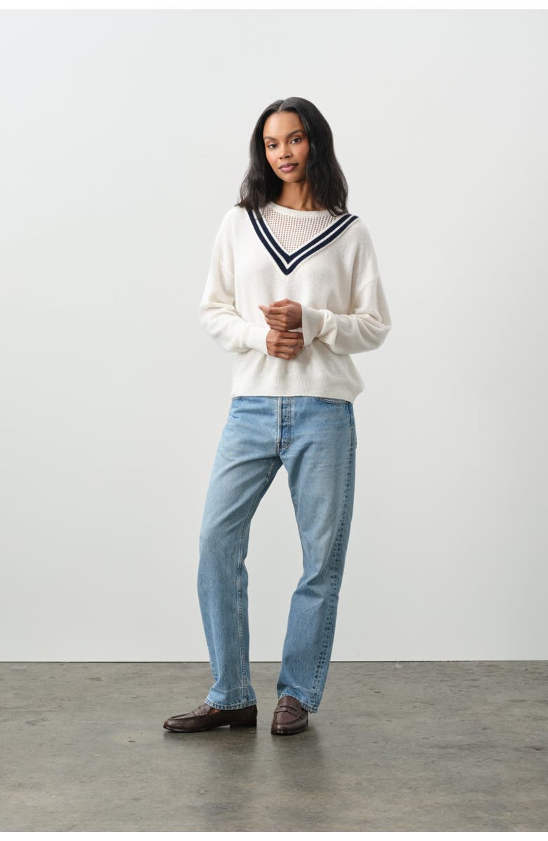 NAKED CASHMERE Diana Modern Tennis Sweater, Alternate, color, Ecru/Club Navy