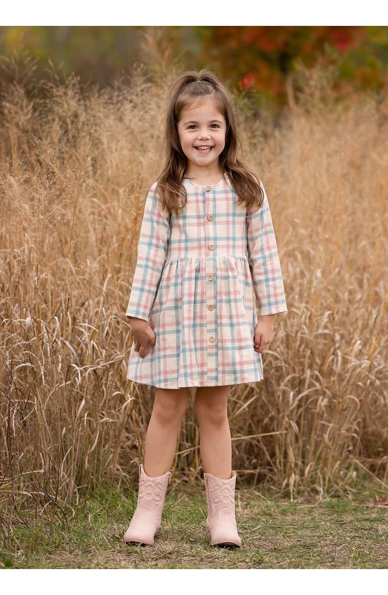 Mabel + Honey Mabel and Honey Phoebe Toddler Long-Sleeve Plaid Dress with Wood-Style Buttons, Pink., Alternate, color, Pink