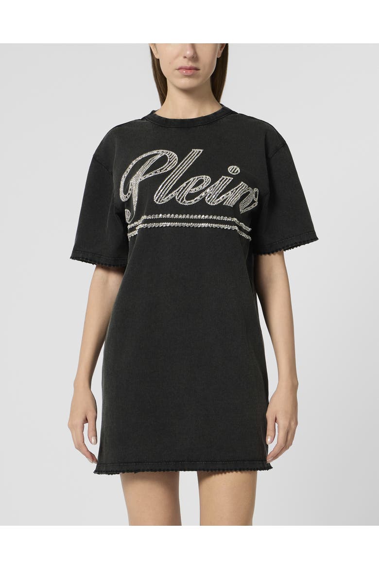 Open Back T-Shirt Dress Strass Signature Women, Main, color, black