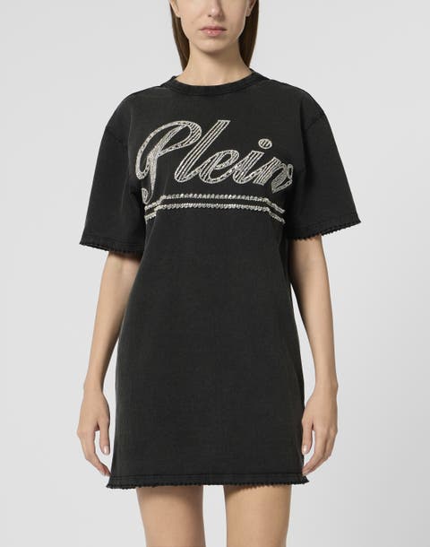 Open Back T-Shirt Dress Strass Signature Women