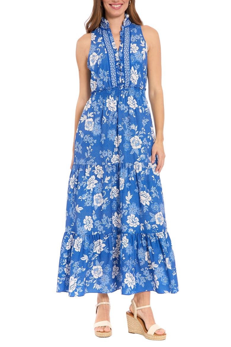 Ruffle Neck Smocked Waist Maxi Dress, Main, color, BLUE/ WHITE