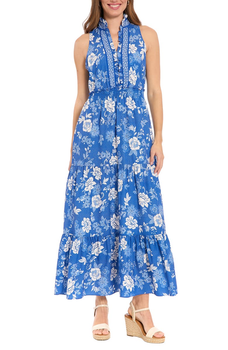 London Times Ruffle Neck Smocked Waist Maxi Dress, Main, color, Blue/ White