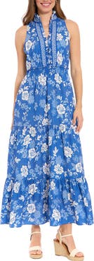 London Times Ruffle Neck Smocked Waist Maxi Dress