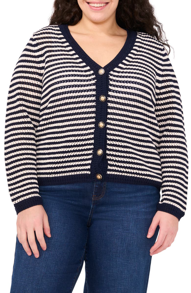 CeCe Stripe Open Stitch Cardigan, Main, color, Classic Navy