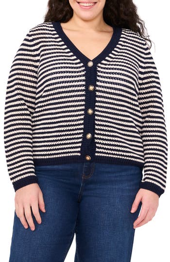 Cece Stripe Open Stitch Cardigan In Blue