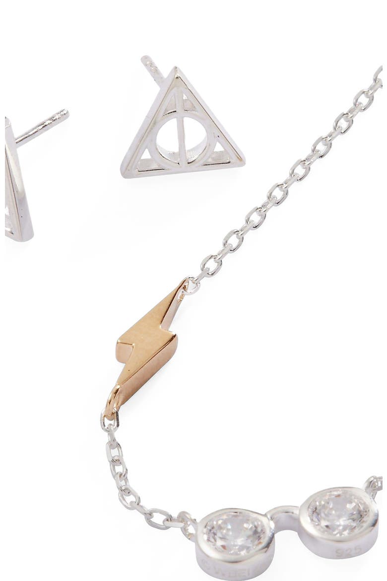 Harry Potter Glasses and Deathly Hallows Necklace and Earring Set, Alternate, color, Silver