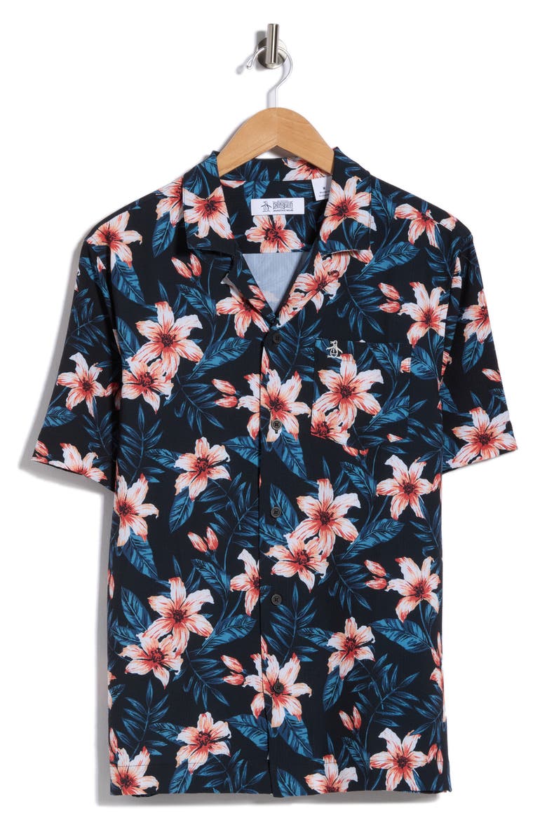 Hibiscus Print Seersucker Camp Shirt, Alternate, color, TRUE BLACK