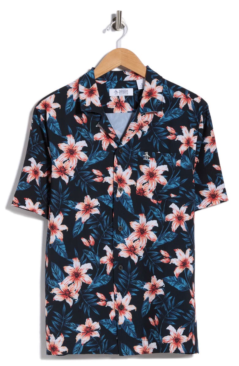 Original Penguin Hibiscus Print Seersucker Camp Shirt, Main, color, True Black