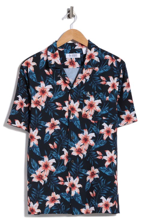 Hibiscus Print Seersucker Camp Shirt
