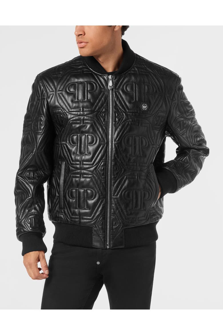 Embossed Leather Bomber Monogram Men, Main, color, black