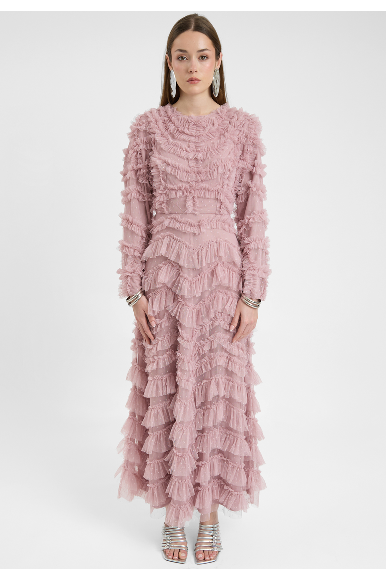Modest Ruffle Dress Maxi With Self Print Mesh, Main, color, FROSTED PINK