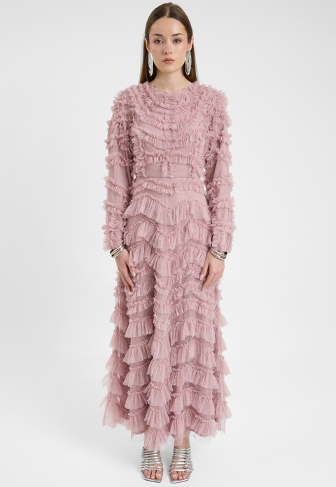 Modest Ruffle Dress Maxi With Self Print Mesh