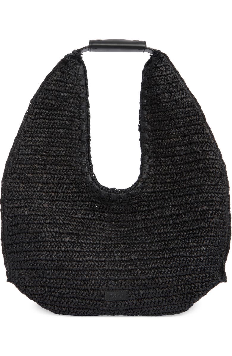 BCBG Woven Raffia Shoulder Bag, Main, color, Black
