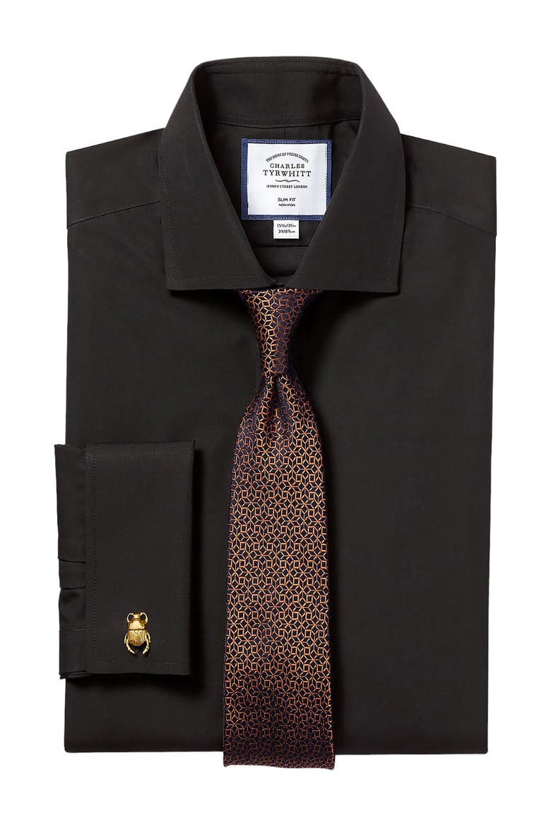 Non-Iron Poplin Cutaway Slim Fit Shirt Double Cuff, Alternate, color, BLACK